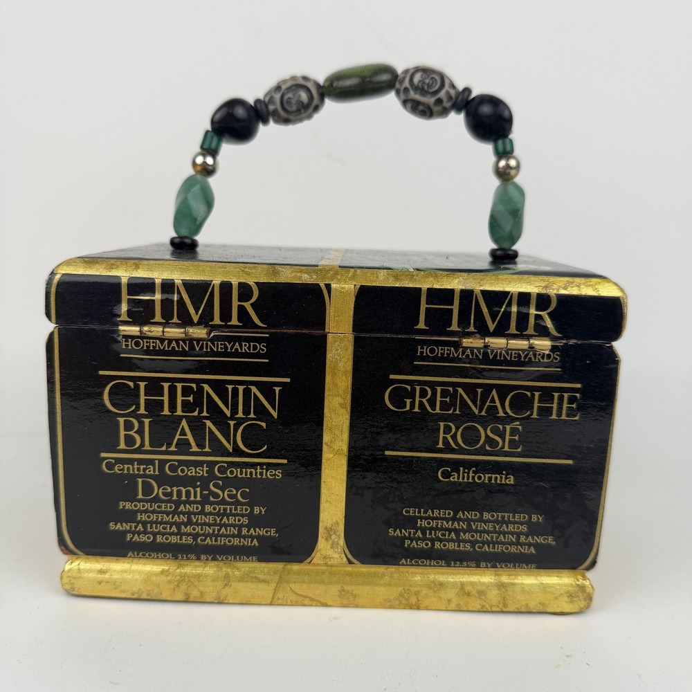 Handmade Wine Label Wooden Box Purse Black Beaded Handle Velvet Lined Small - Picture 3 of 9